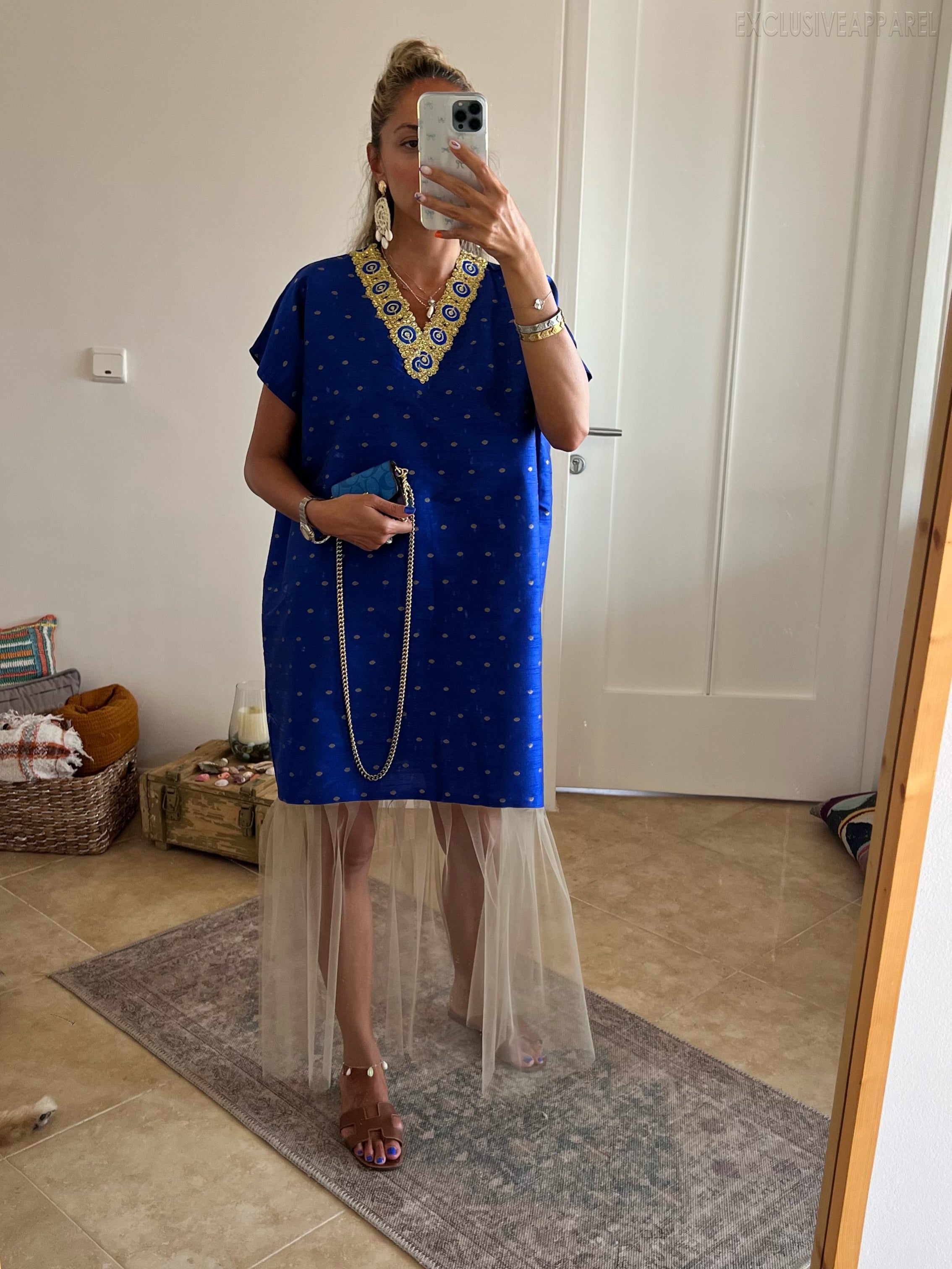 Lila Blue V-neck Net Silk Long Dress