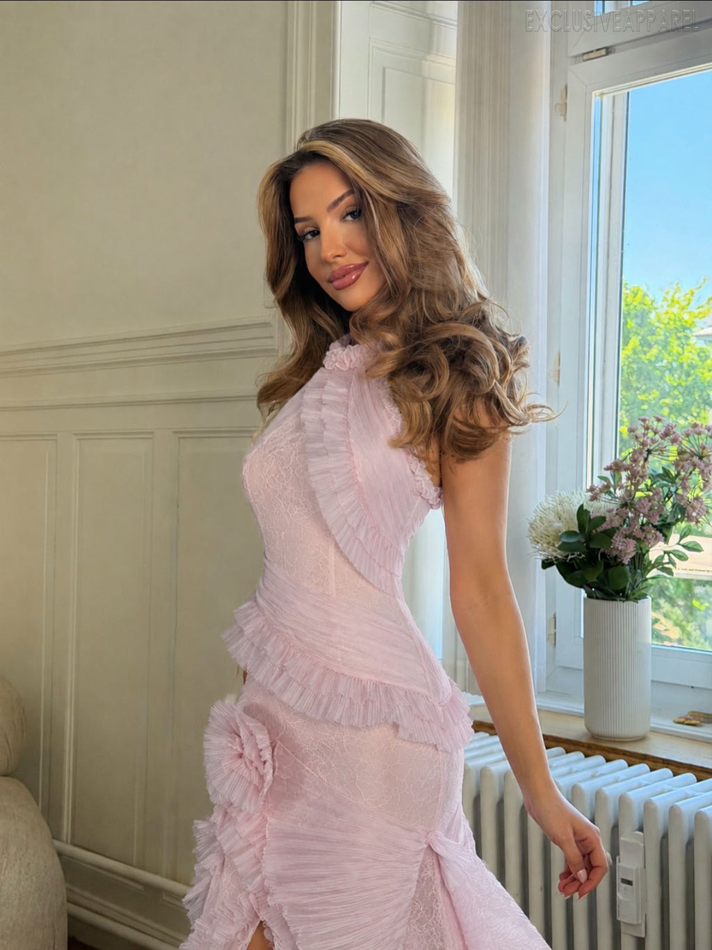 Junia Pink Asymmetric Ruffled Long Dress