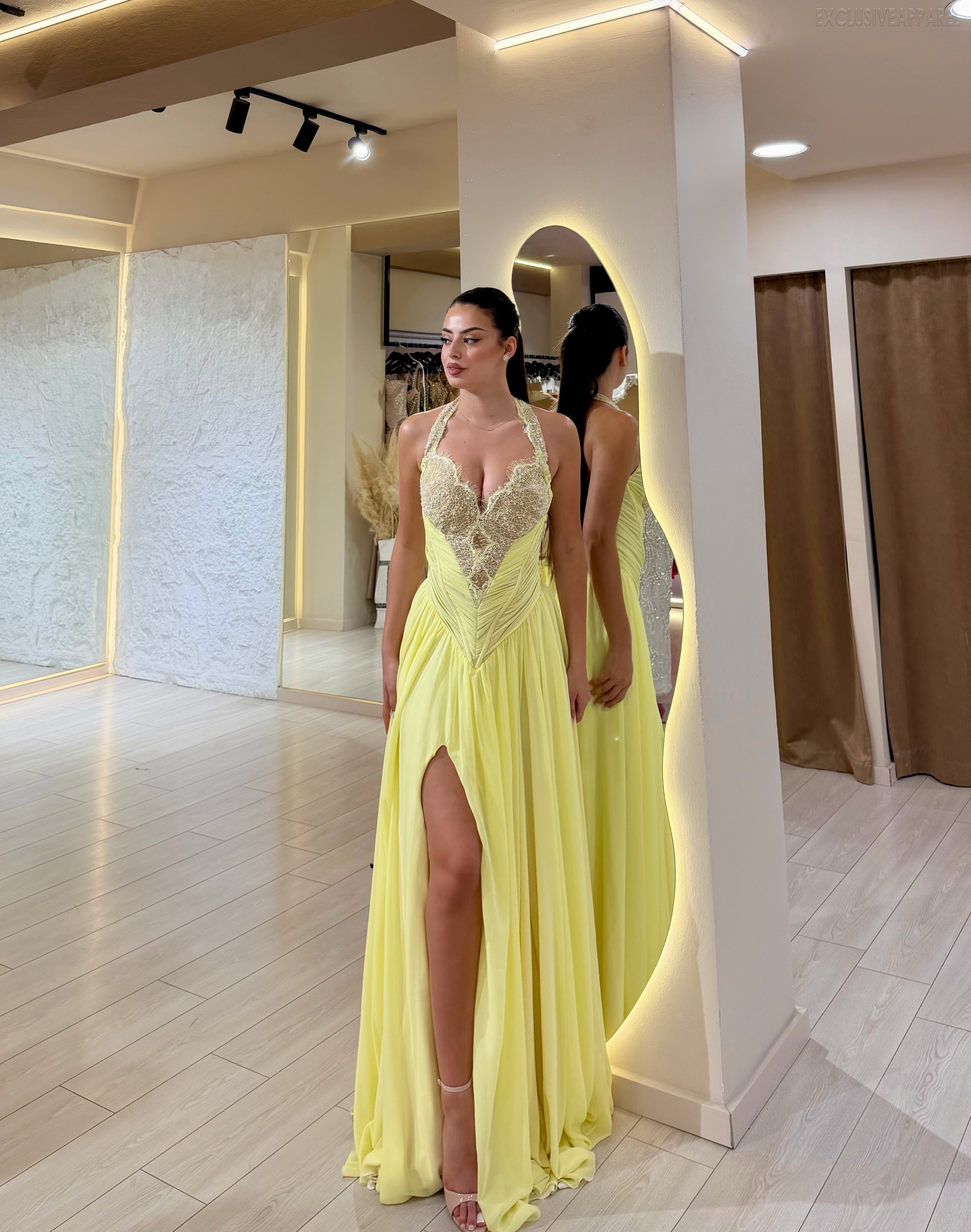Julia Yellow Long-Sleeved High Slit Wrap-Around Dress
