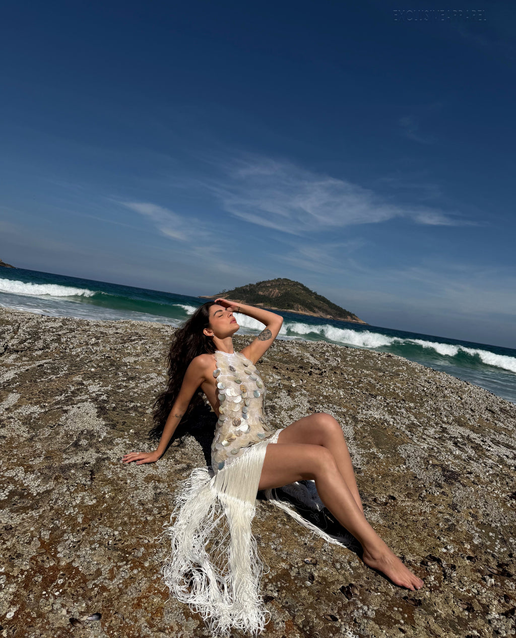 Estelle  White Halter Neck Backless Fringed Long Dress