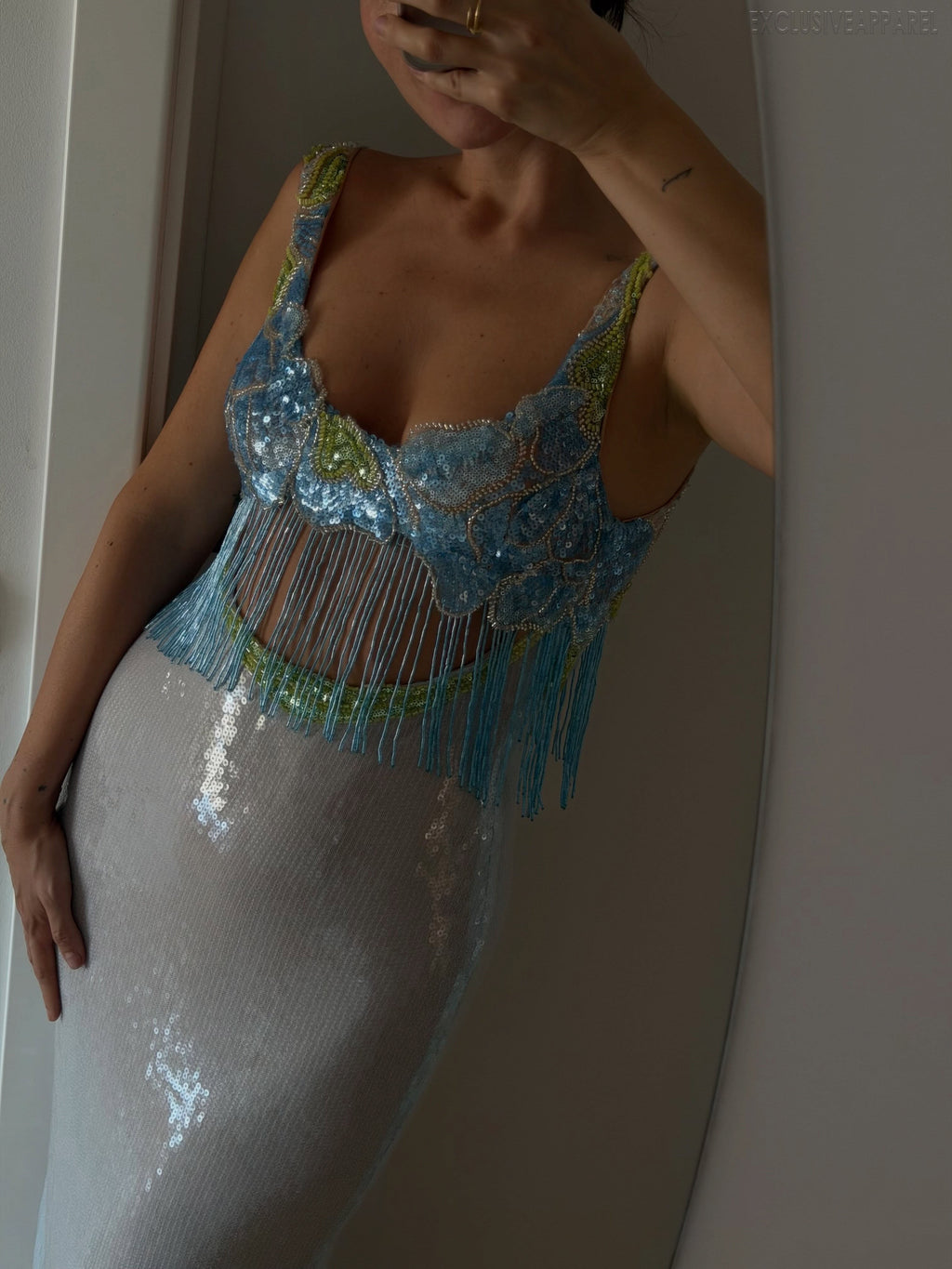 Dahlia Blue Sequined Fringed Floor-Length Dress