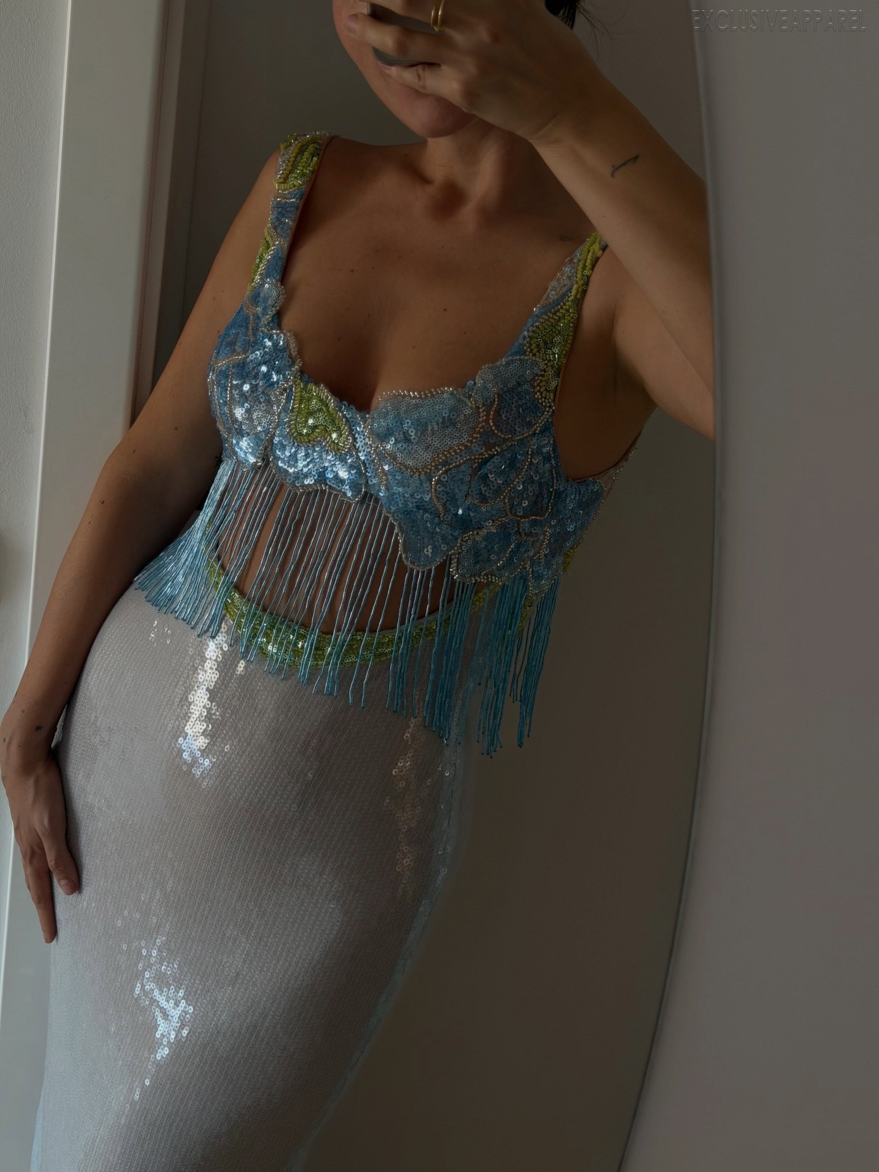 Dahlia Blue Sequined Fringed Floor-Length Dress