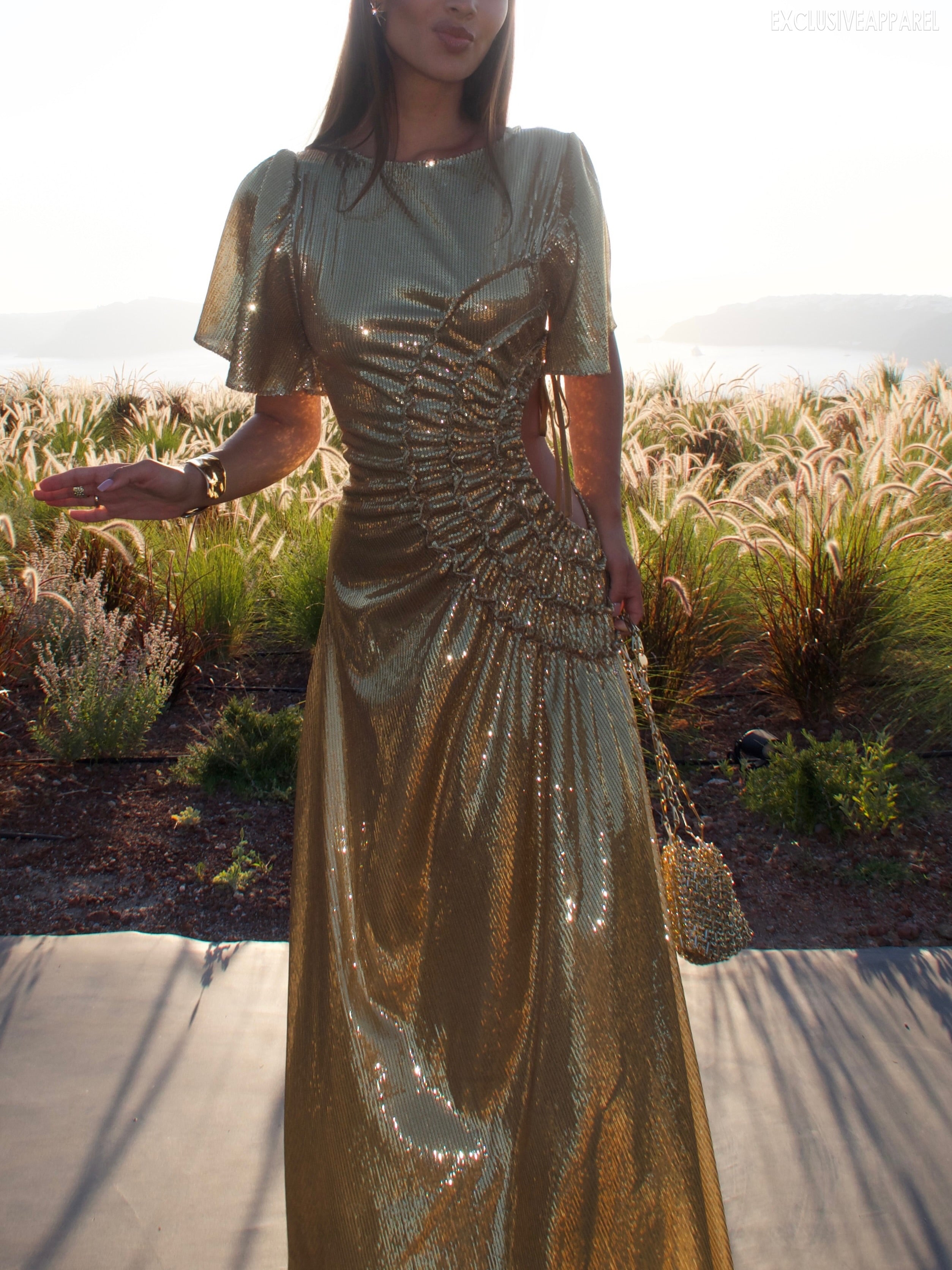 Audrey Golden Round-Neck Side-Slit Dress