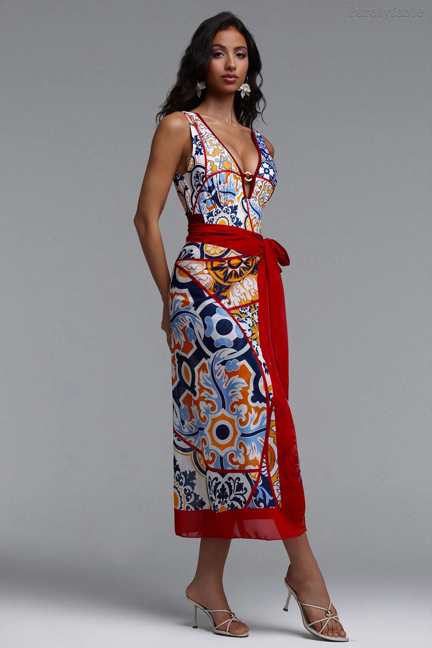 Mabel Red V-neck Printed One-Piece Swimwear Set