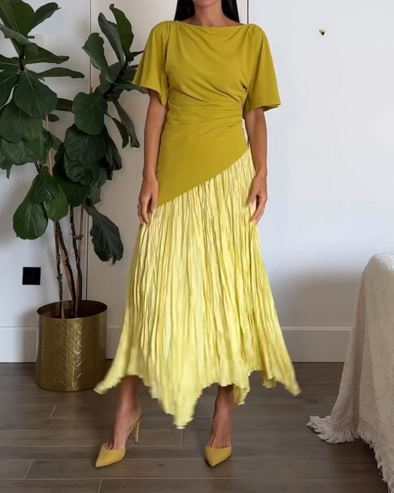Elira Yellow Asymmetric Pleated Top and Pleated Skirt Two-piece Set
