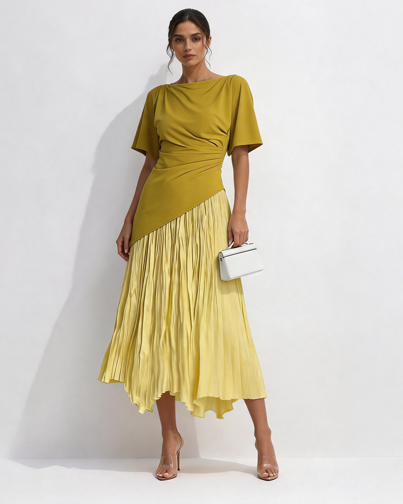 Elira Yellow Asymmetric Pleated Top and Pleated Skirt Two-piece Set