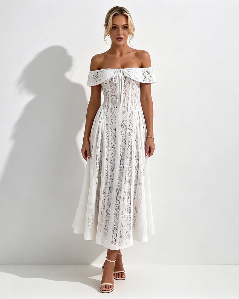 Seraphina White Off-the-Shoulder Lace Midi Dress