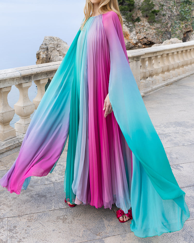 Iris Multi-Color Ombré Pleated Cape Maxi Dress