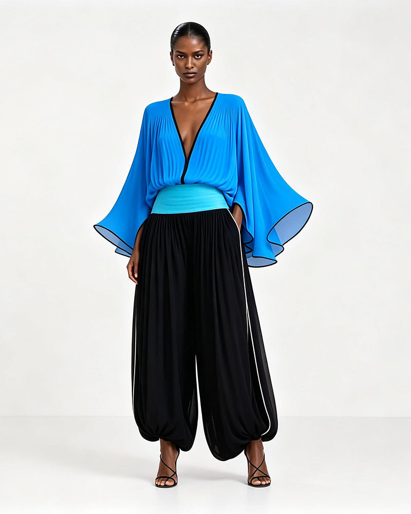 Brynn Blue Color-Block Kimono Two-piece Set