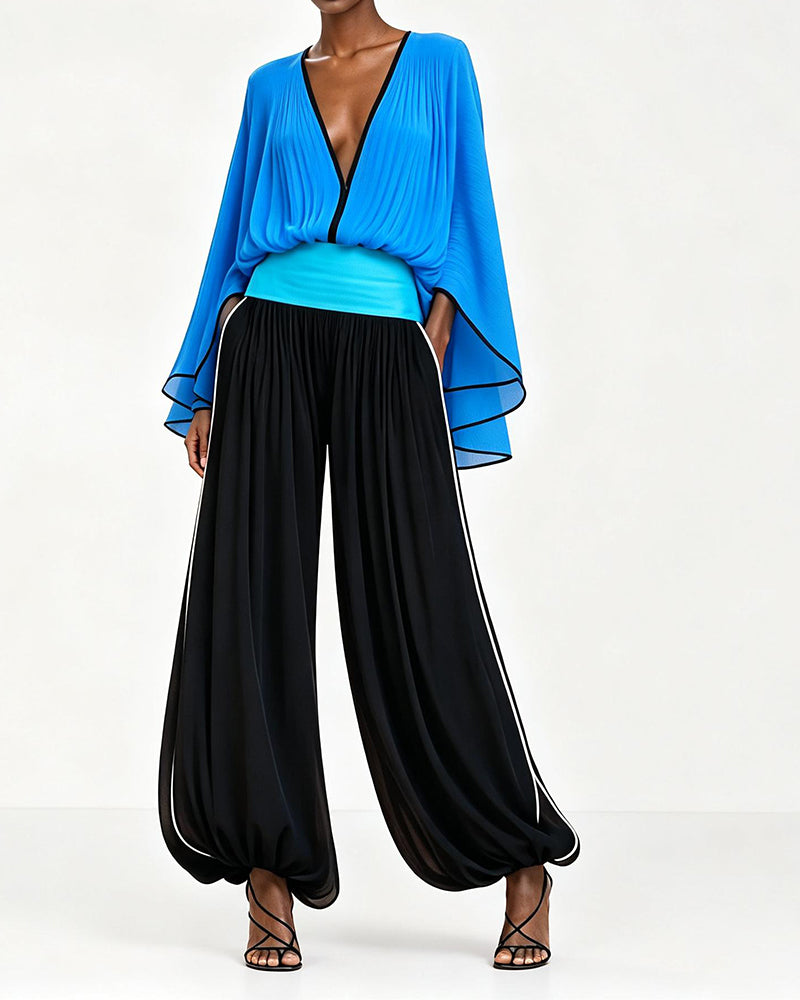 Brynn Blue Color-Block Kimono Two-piece Set