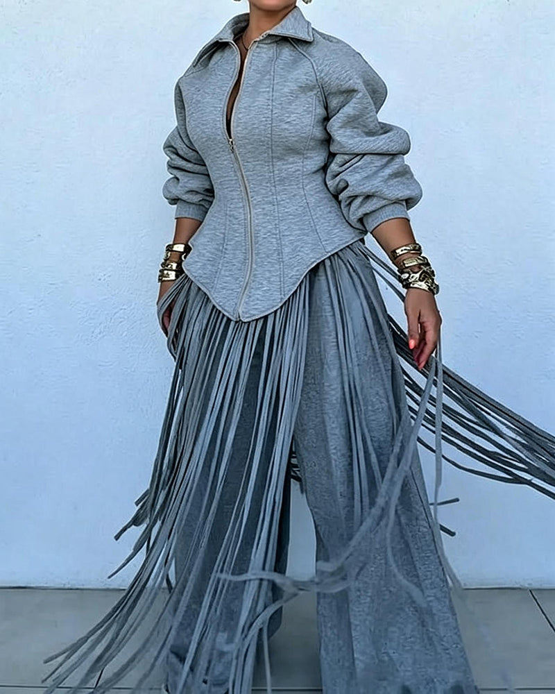 Sasha Grey Zip Corset Jacket & Fringe Wide-Leg Two-Piece Set