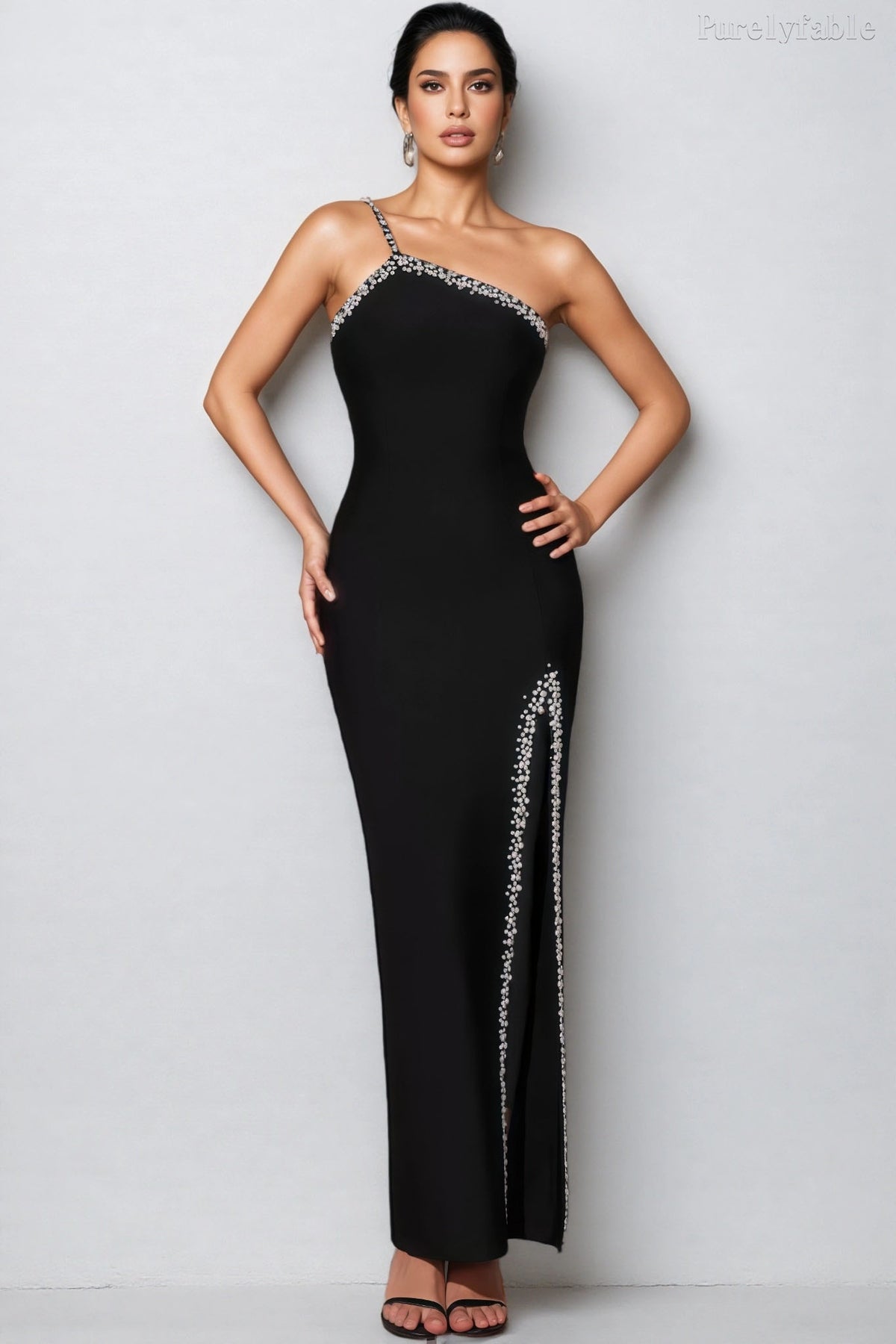 Dais Black One-Shoulder Slit Bandage Dress