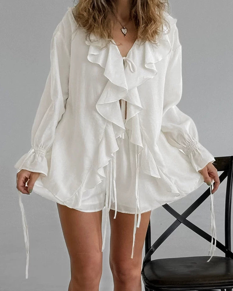 Zoya Beige Ruffle Front Tie Blouse & Shorts Set