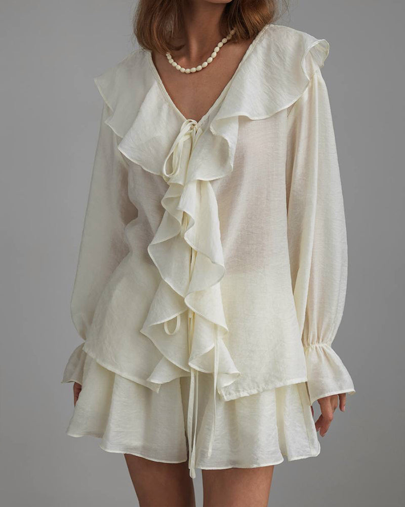 Zoya Beige Ruffle Front Tie Blouse & Shorts Set