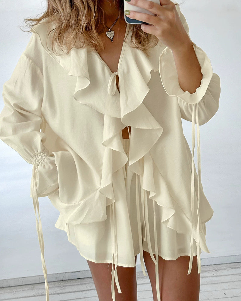 Zoya Beige Ruffle Front Tie Blouse & Shorts Set