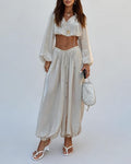 Colette Beige Long Sleeve Crop Top & Drawstring Pants Set