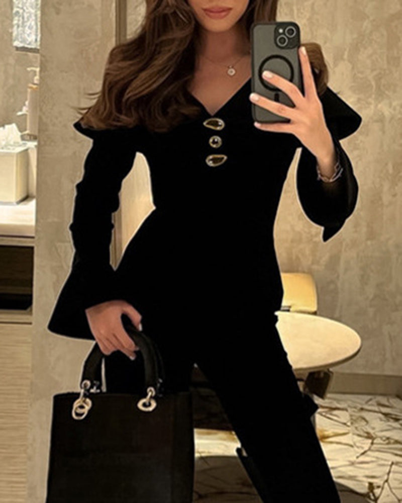 Raquel Black Long Sleeve Collared Top & Flare Pants Set