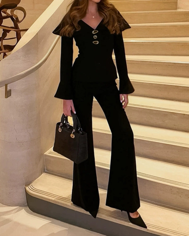 Raquel Black Long Sleeve Collared Top & Flare Pants Set