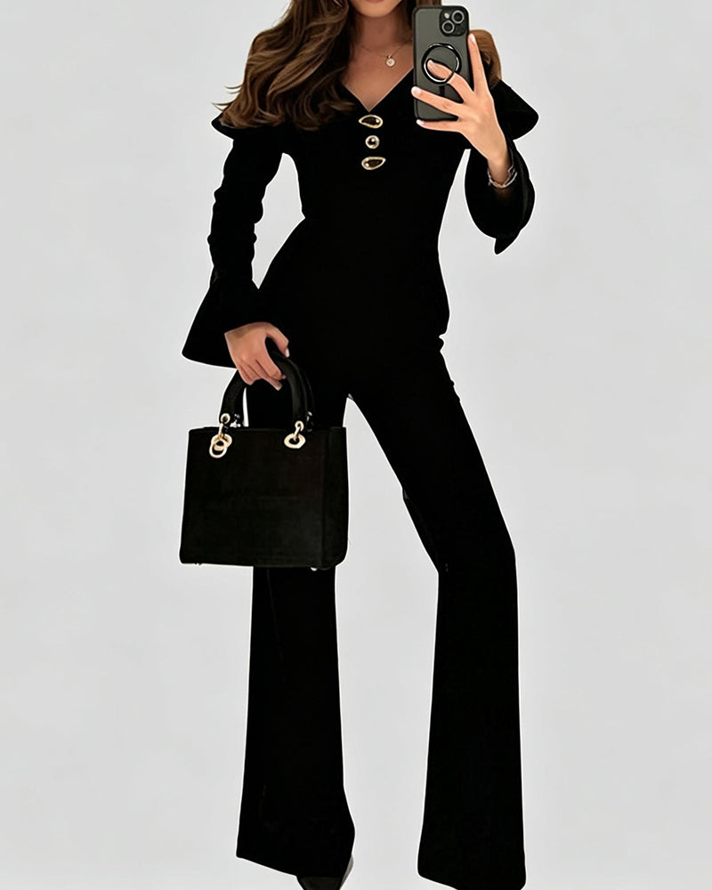 Raquel Black Long Sleeve Collared Top & Flare Pants Set