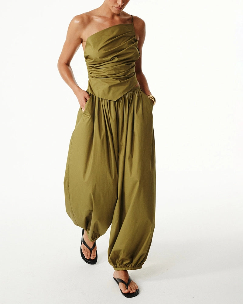 Annabelle Green One-Shoulder Draped Crop Top & Balloon Pant Set