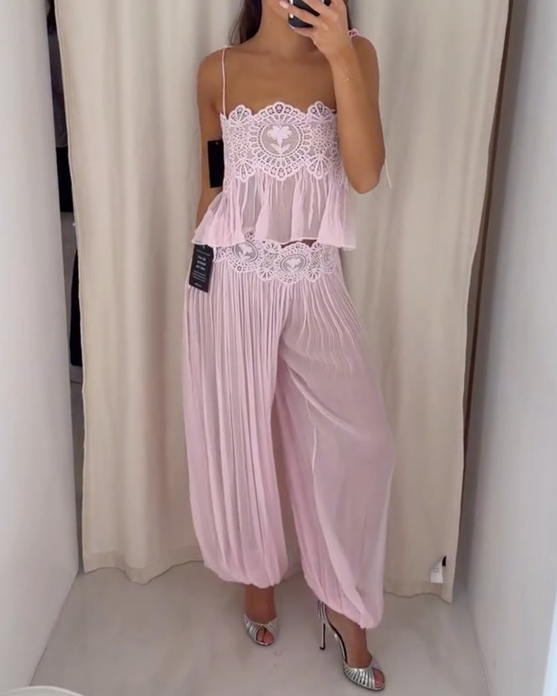 Brooklyn Pink Lace-Trimmed Pleated Cami Top & Harem Pants Set