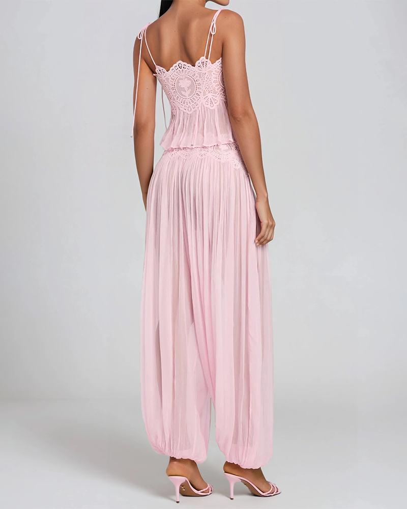 Brooklyn Pink Lace-Trimmed Pleated Cami Top & Harem Pants Set