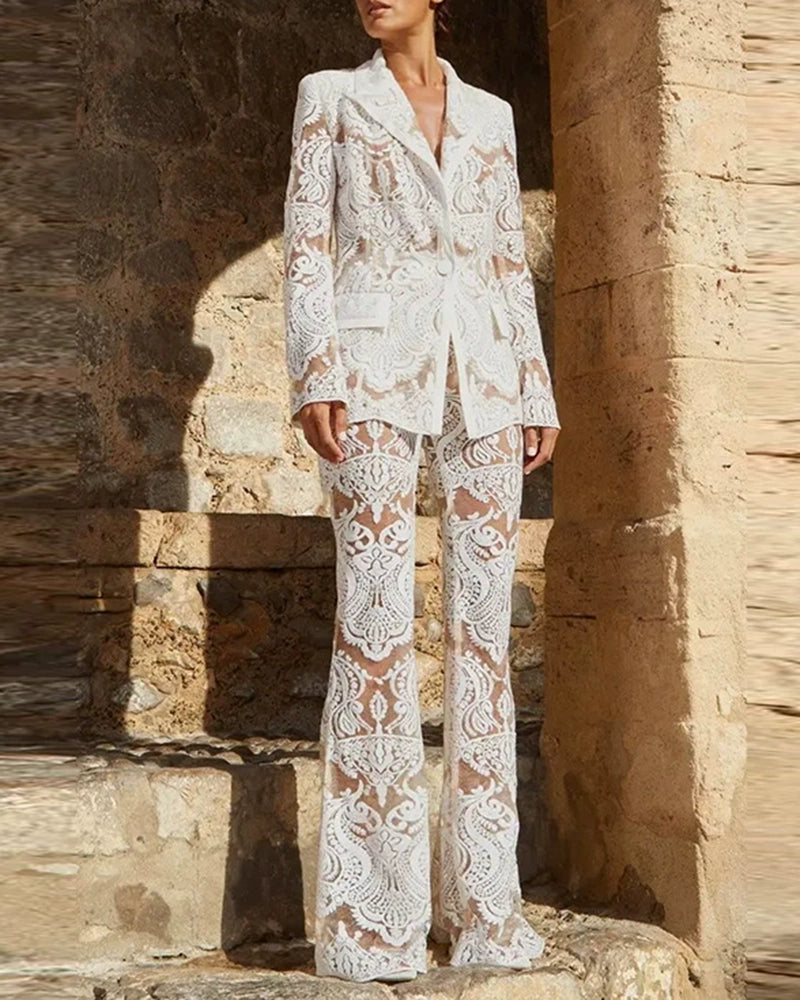 Athena White Sheer Lace Blazer and Flared Trouser Set