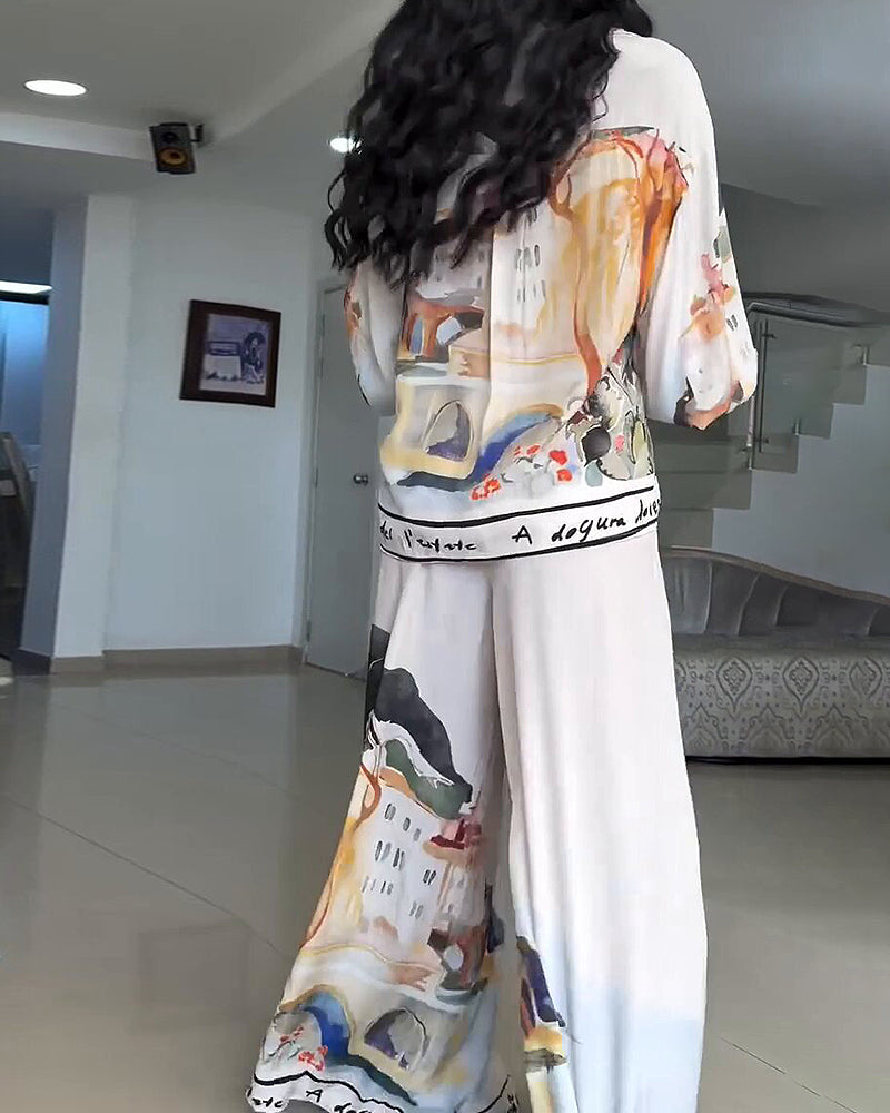 Solana White Art Print Puff Sleeve Shirt & Wide-Leg Pants Two-Piece Set