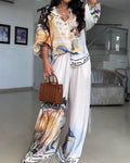 Solana White Art Print Puff Sleeve Shirt & Wide-Leg Pants Two-Piece Set
