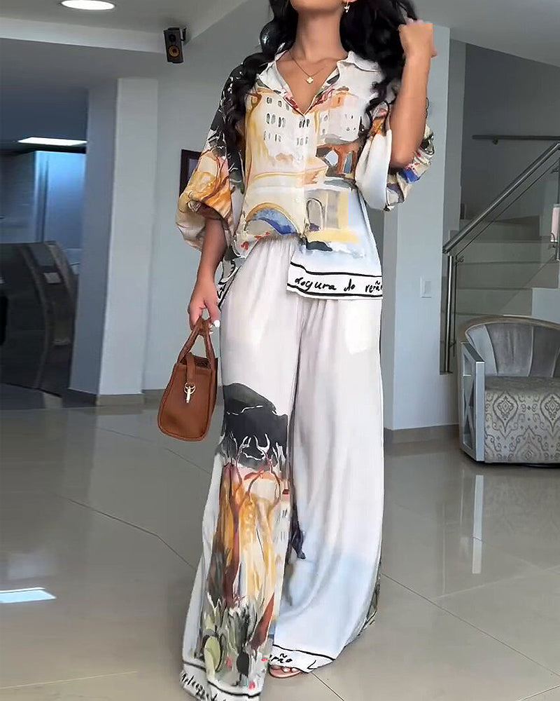 Solana White Art Print Puff Sleeve Shirt & Wide-Leg Pants Two-Piece Set
