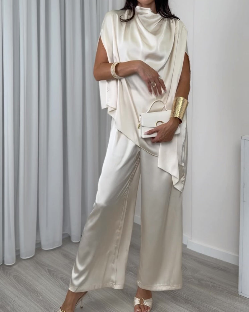Natasha White Draped Satin Two-Piece Pant Suit