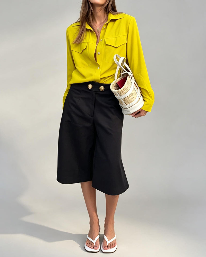 Rhiannon Yellow Utility Shirt and Buttoned Culottes Two-Piece Set