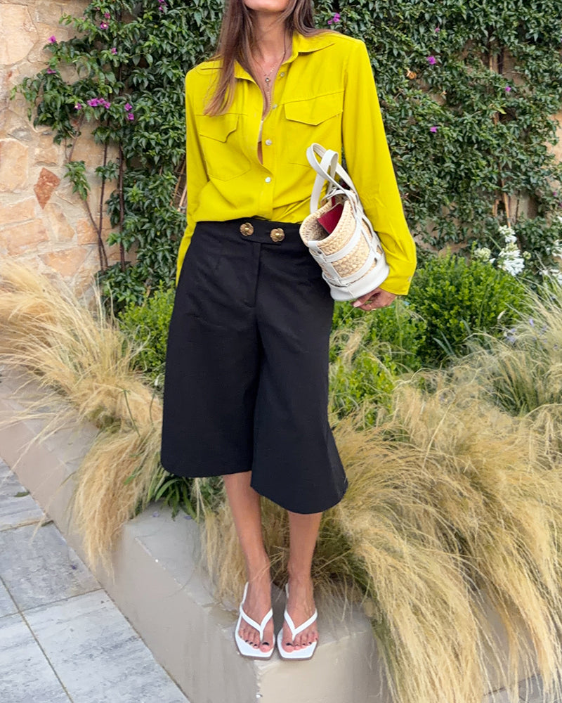 Rhiannon Yellow Utility Shirt and Buttoned Culottes Two-Piece Set