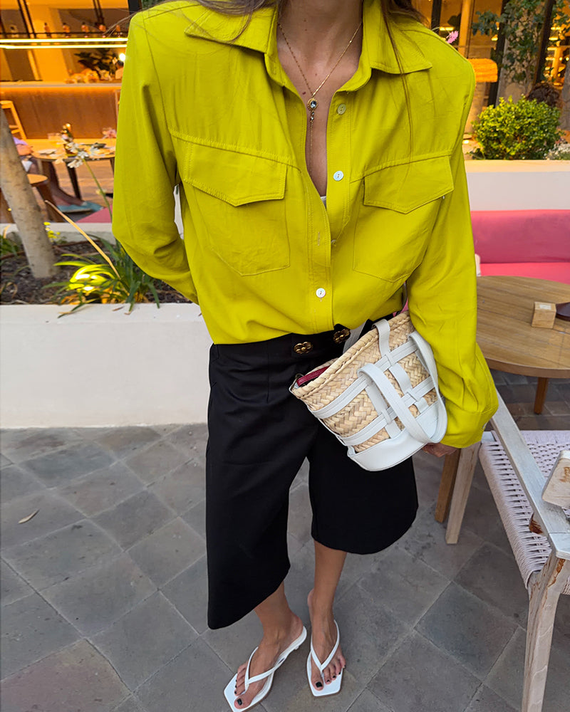 Rhiannon Yellow Utility Shirt and Buttoned Culottes Two-Piece Set