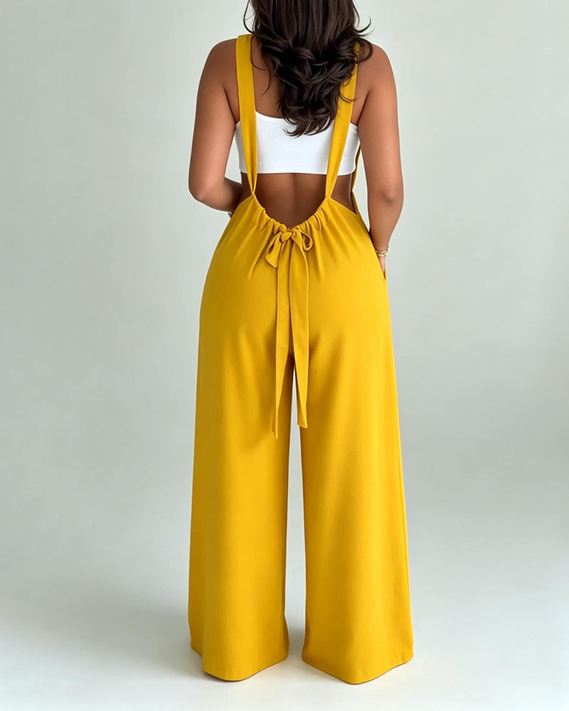 Georgia Yellow Ribbed Crop Top and Suspender Wide-Leg Trousers Two-Piece Set