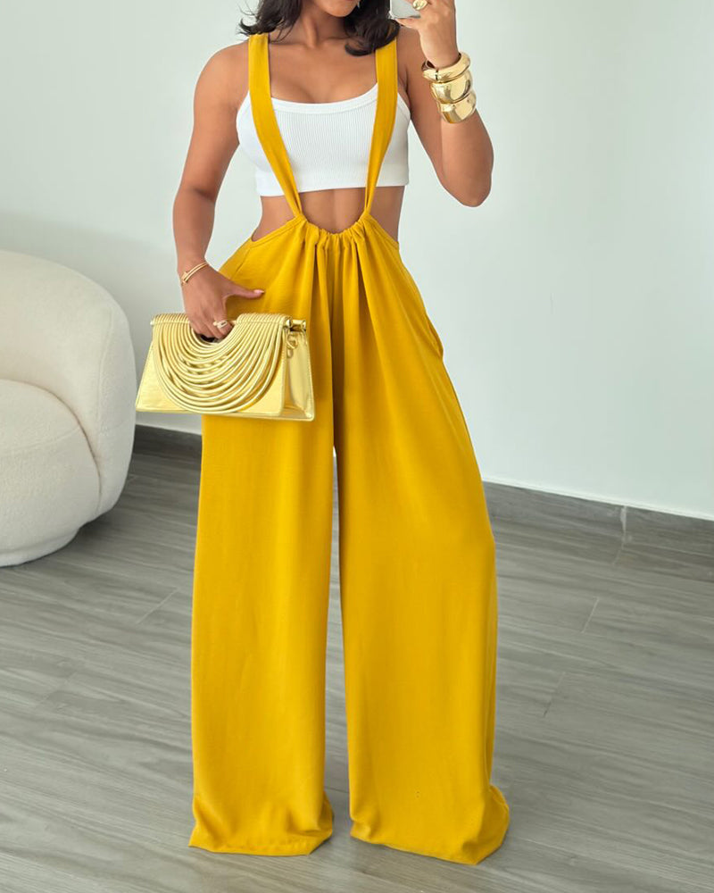 Georgia Yellow Ribbed Crop Top and Suspender Wide-Leg Trousers Two-Piece Set