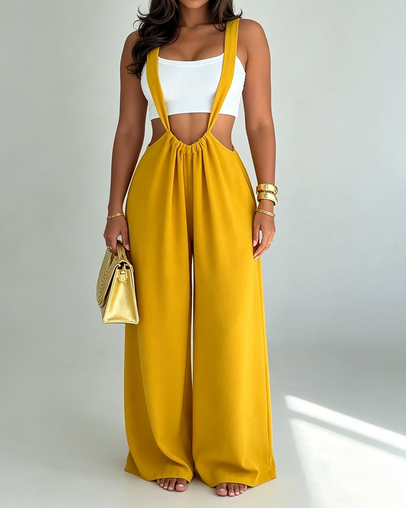 Georgia Yellow Ribbed Crop Top and Suspender Wide-Leg Trousers Two-Piece Set