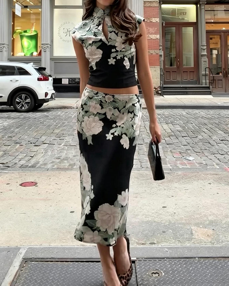 Zuri Black Floral Print High-Neck Top & Midi Skirt Set