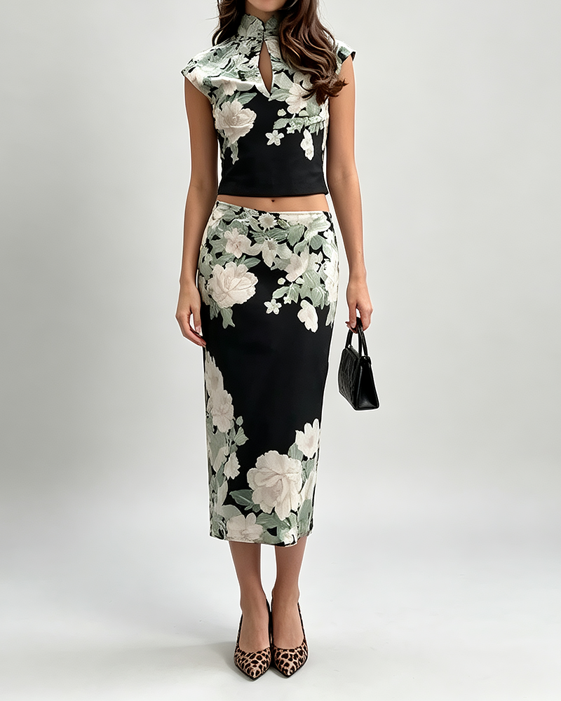Zuri Black Floral Print High-Neck Top & Midi Skirt Set