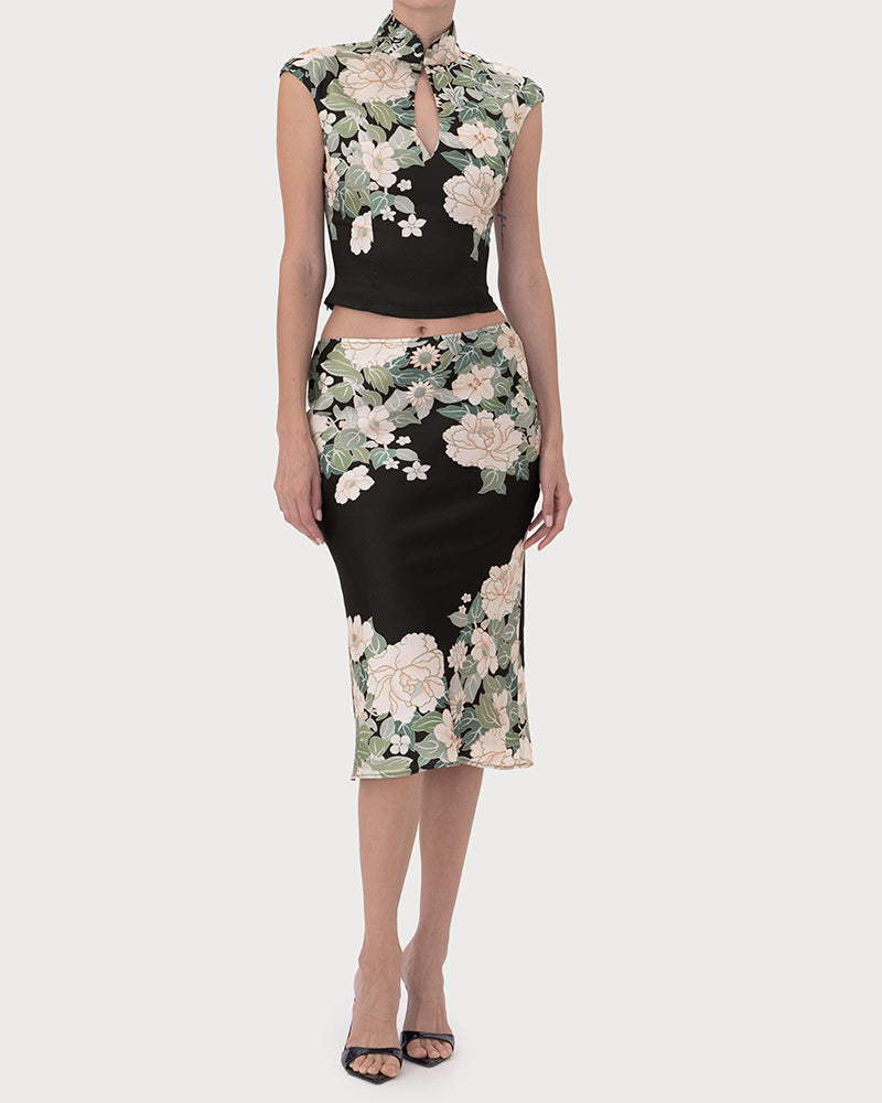 Zuri Black Floral Print High-Neck Top & Midi Skirt Set