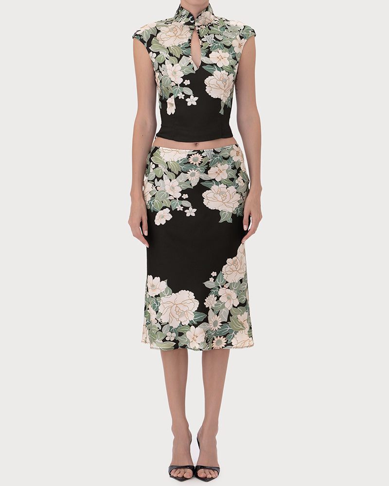 Zuri Black Floral Print High-Neck Top & Midi Skirt Set