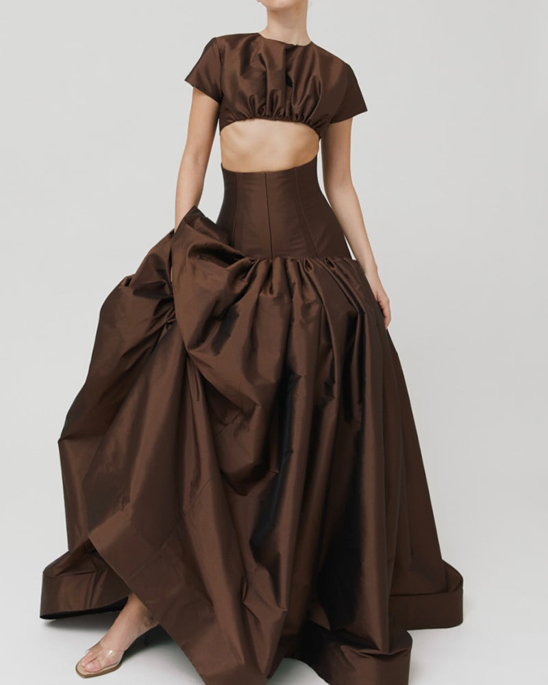 Rowena Brown Cropped Top & Voluminous Ballgown Skirt Two-Piece Set