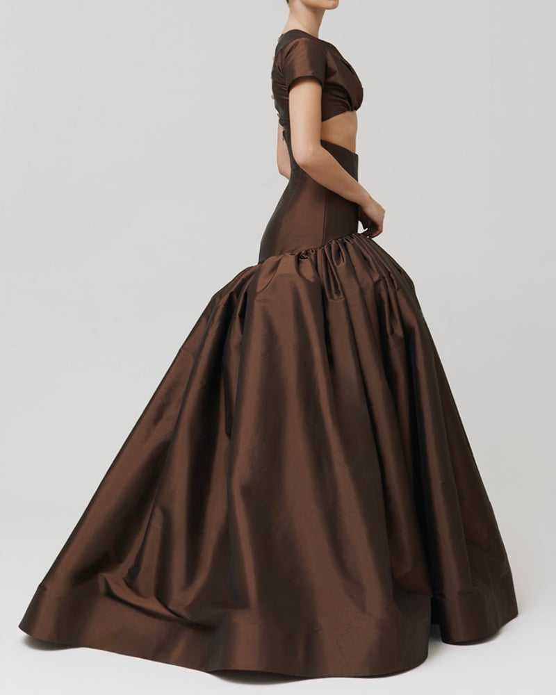 Rowena Brown Cropped Top & Voluminous Ballgown Skirt Two-Piece Set