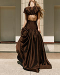 Rowena Brown Cropped Top & Voluminous Ballgown Skirt Two-Piece Set