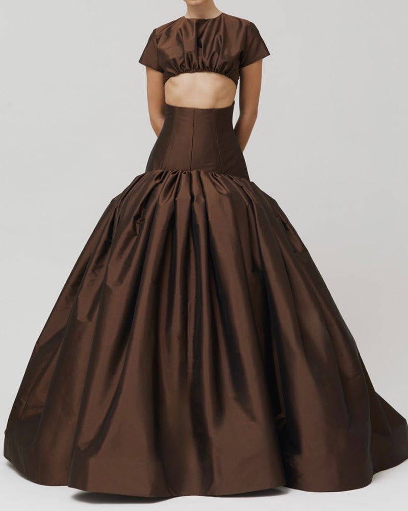 Rowena Brown Cropped Top & Voluminous Ballgown Skirt Two-Piece Set