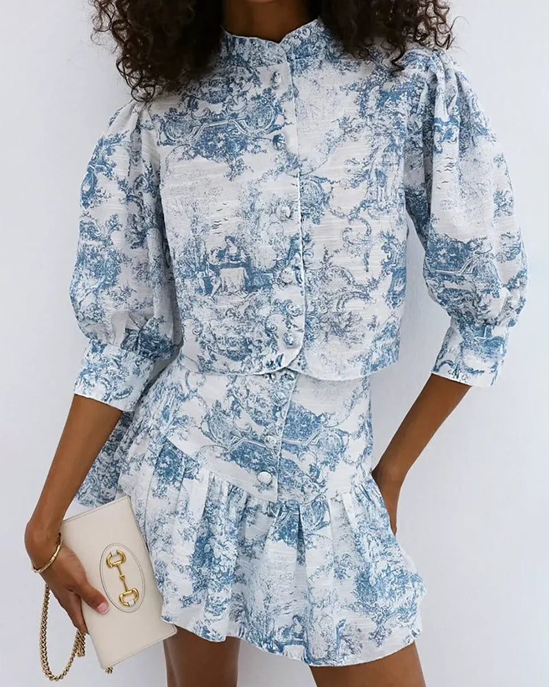 Noelle Blue Puff Sleeve Blouse & Pleated Mini Skirt Set
