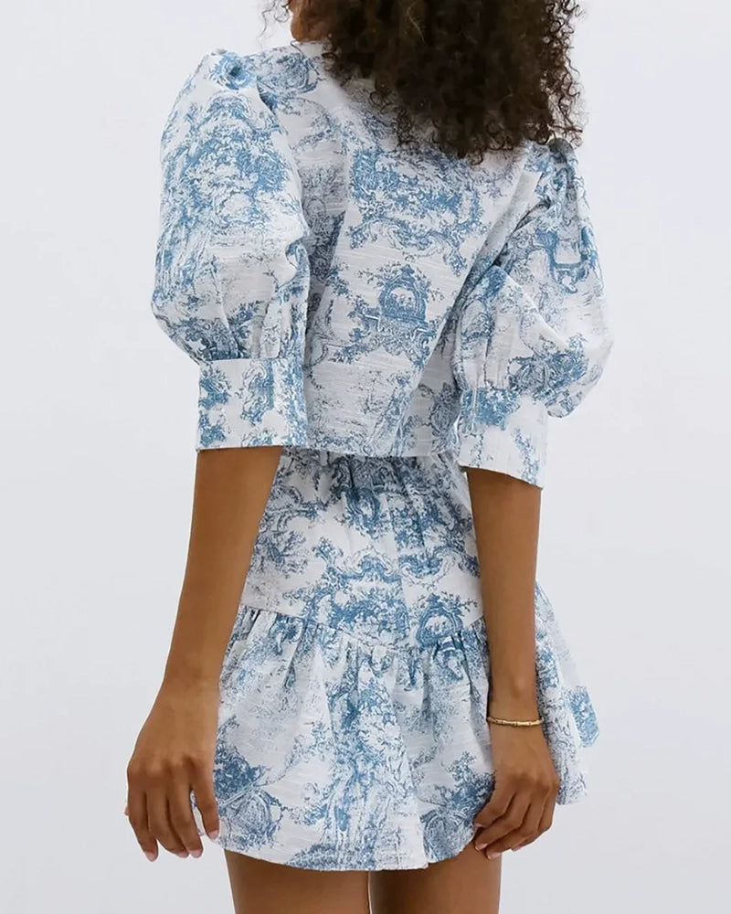 Noelle Blue Puff Sleeve Blouse & Pleated Mini Skirt Set