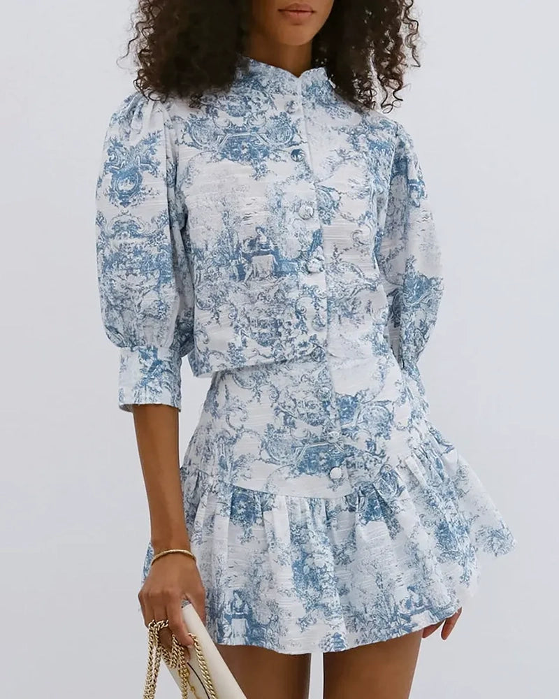 Noelle Blue Puff Sleeve Blouse & Pleated Mini Skirt Set