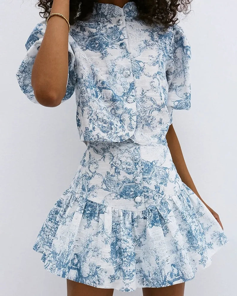 Noelle Blue Puff Sleeve Blouse & Pleated Mini Skirt Set