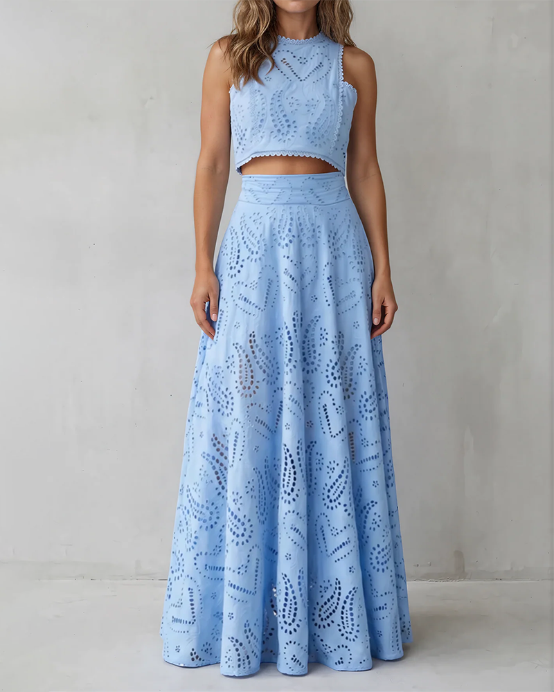 Natalie Blue Sleeveless Eyelet Embroidery Two-Piece Maxi Set
